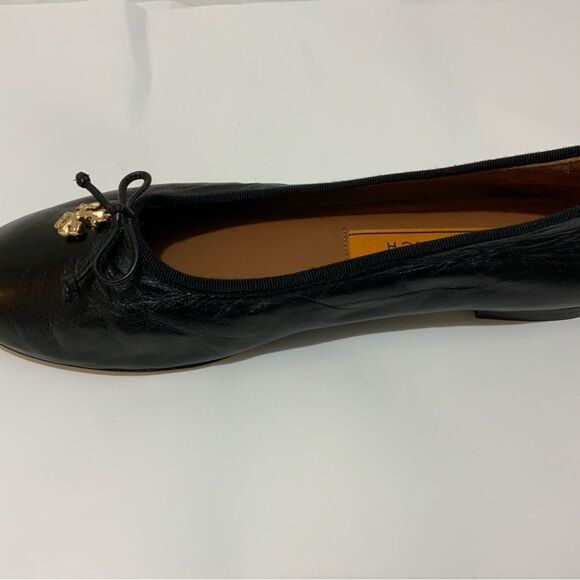 Tory Burch Tory Charm Ballet Flat 10 M Perfect Black Goat Leather Gold Logo $268 - Picture 7 of 11
